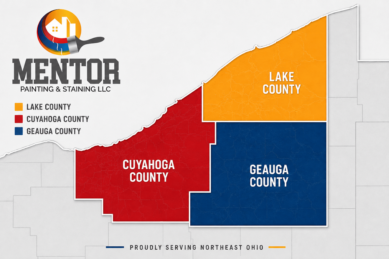 Custom map of Mentor Painting & Staining LLC's service area, highlighting Lake County, Cuyahoga County, and Geauga County — proudly serving Northeast Ohio